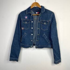 Vintage Y2K Tommy Hilfiger Stretch Denim Cropped Jean Jacket Patches womens M
